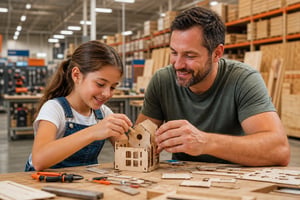 Young Girl and Father Building Wooden Craft Set at Store